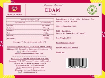 Mishti Gourmet Premium Artisanal Edam Cheese Block 1KG