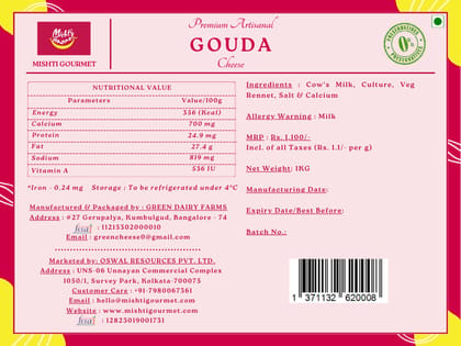 Mishti Gourmet Premium Artisanal Gouda Cheese Block 1KG