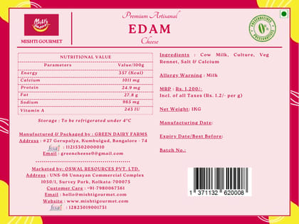 Mishti Gourmet Premium Artisanal Edam Cheese Block 1KG