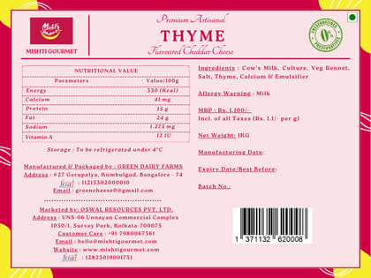 Mishti Gourmet Premium Artisanal Thyme Cheddar Cheese Block 1KG