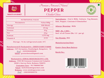 Mishti Gourmet Premium Artisanal Natural Pepper Cheddar Cheese Block 1KG
