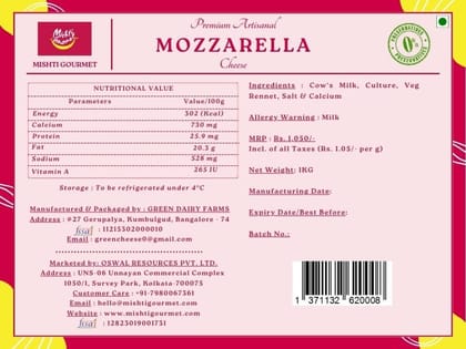 Mishti Gourmet Premium Artisanal Mozzarella Cheese Block 1KG