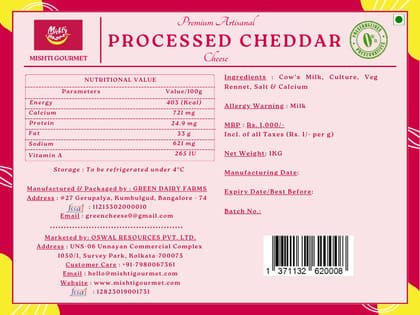 Mishti Gourmet Premium Artisanal Processed Cheddar Cheese Block 1KG